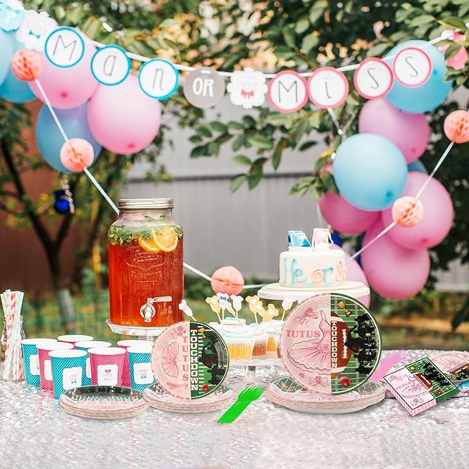 96 Pcs Ballet or Football Gender Reveal Plates and Napkins Party Supplies Tutus or Touchdowns Gender Reveal Tableware Football Party Decorations Favors for Boy or Girl Birthday Baby Shower Serves 24
