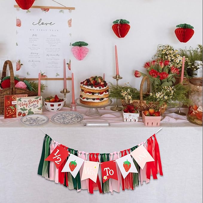 Strawberry 1/2 Way To One High Chair Banner - 6 Months Birthday Party Decorations, Berry Sweet Girl Half Birthday Party Supplies High Chair Banner, Strawberry Sign Baby Shower Party Garland