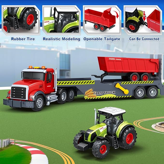 Toddler Boy Toys for 3 4 5 6 7 Years Kids, 21" Semi Flatbed Truck Toy with a Farm Truck, Friction Powered Vehicles Toys with Lights and Sounds, Birthday for Boy Girls