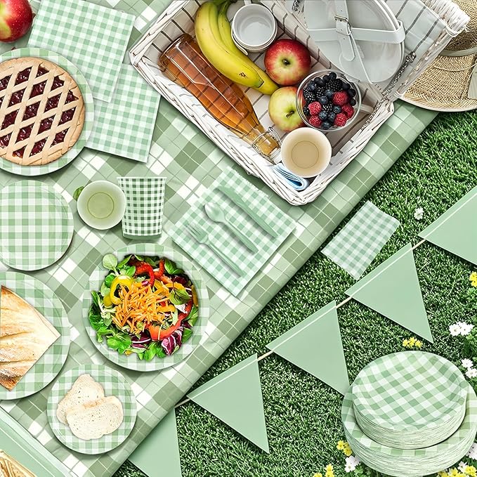 180Pcs Green Gingham Party Supplies Paper Plates and Napkins Serve 60 Disposable Tableware Set for Birthday Party Decorations Game Day Family Holiday Sports Events