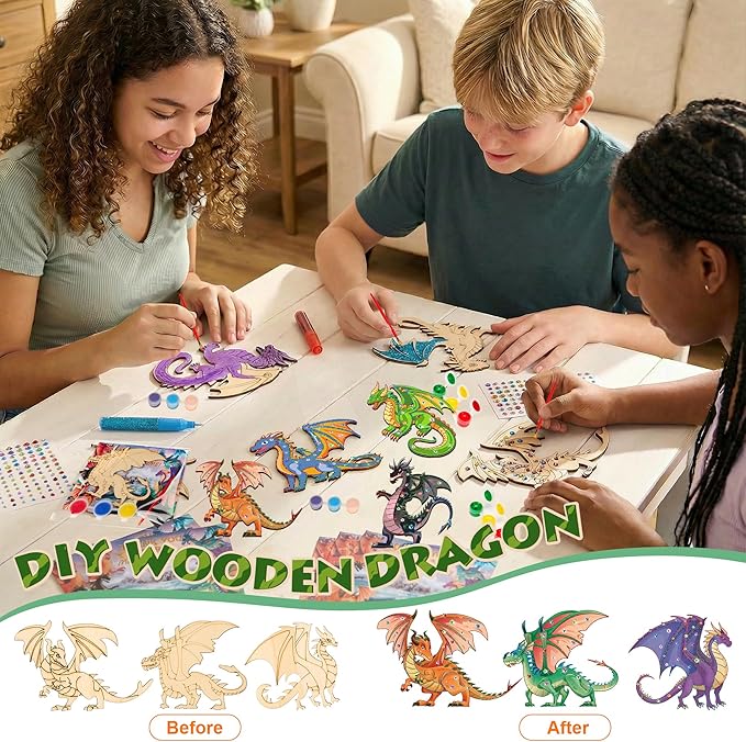Bafeil 24 Sets Dragon Party Favors, DIY Wooden Painting Crafts Kit, Dragon Birthday Party Supplies, Fantasy Creature Party Decorations Goodie Bags Gifts Stuffers Prizes