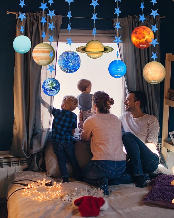 Solar System Decoration Banner, Eight Planet Garland with Blue Shimmer Star, Premium Paper Galaxy Outer Space Garland for Kids Bedroom Decor, Astronaut Birthday Party Supplies, SONGTIY