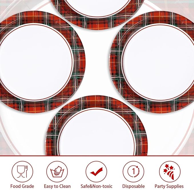 50Pcs Christmas Paper Plates 10" Large Disposable Red Green Plaid Paper Platters Red Black Christmas Buffalo Plaid Dessert Plates for Winter Xmas Theme Party Decoration