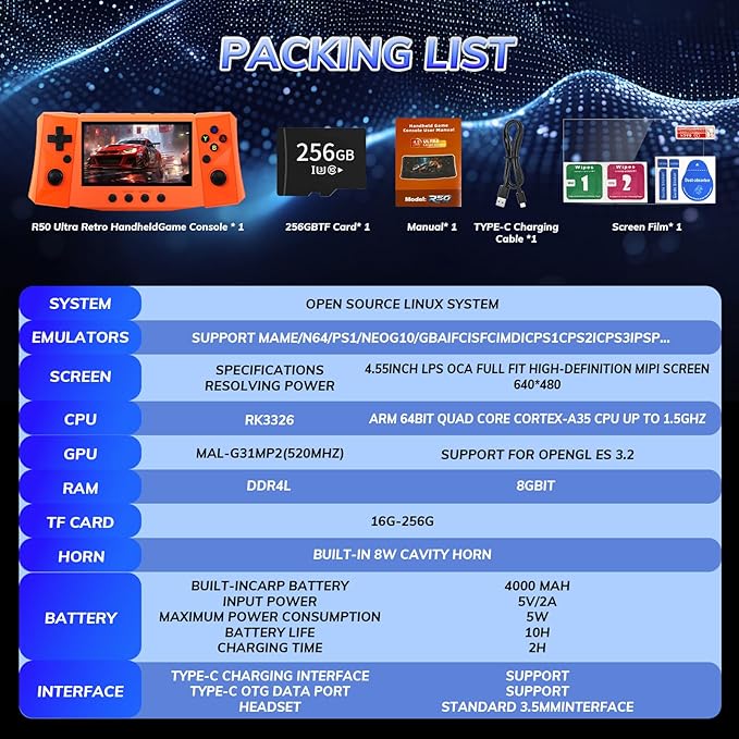 RegiisJoy R50 Ultra 50000 in 1 Handheld Game Console, 4.5 Inch IPS Screen Retro Gaming Consoles Main Emulators, Portable Mini Pocket Arcade 4000mAh Battery,256G TF Card,Linux System