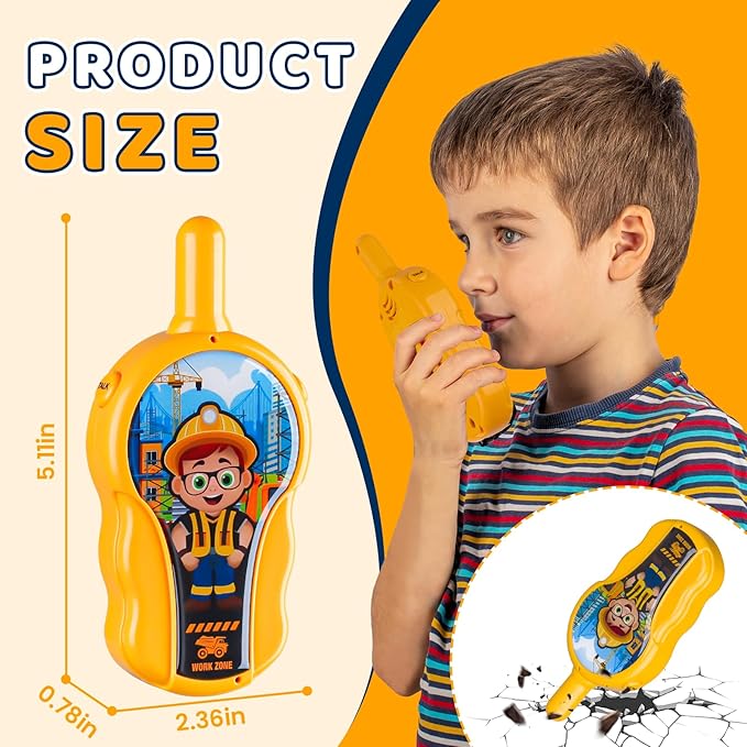 Toys, Kids Toys Walkie Talkies for Kids 2 Pack, Construction Theme Long Range Outdoor, Easy to Use, Best Gifts for Toddler Boys & Girls Ages 2-7 (Yellow)