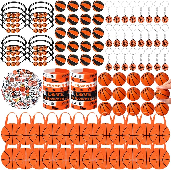 Aoriher 194Pcs Basketball Party Favors Set 24 Silicone Bracelets 24 Charm Bracelets 24 Mini Basketball 24 Keychains 24 Non Woven Gift Goodie Bags 24 Erasers 50 Sticker for Sports themed Party Supplies