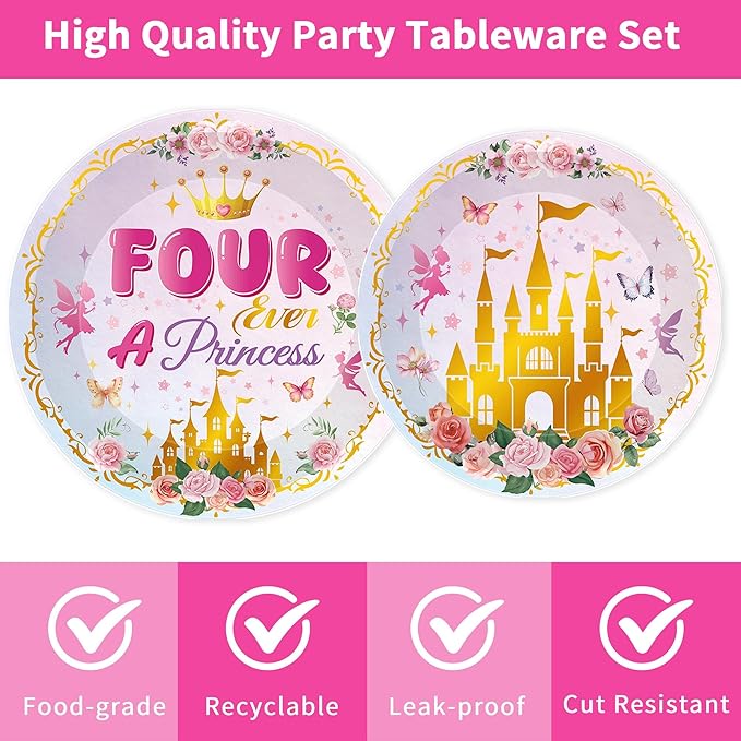 96Pcs Princess Party Plates & Napkins, Four Ever a Princess Birthday Party Tableware Set, Pink Disposable Plates, Forks, 4th Birthday Dinnerware Napkins for 24 Guests