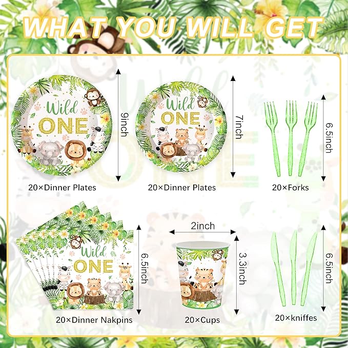 120PCS Wild One Party Supplies for Boys 1st Kids First Birthday Party Jungle Animal Safari Decorations Woodland themed Tableware Set Plates Napkins Cups Set for 20 Guests