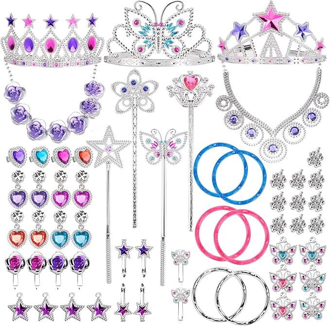 Liberty Imports 50 PCS Princess Jewelry Dress Up Accessories, Pretend Play Set Jewelry Party Favors for Girls Cosplay Party Favors with Crown Wand Ring Earring Necklace