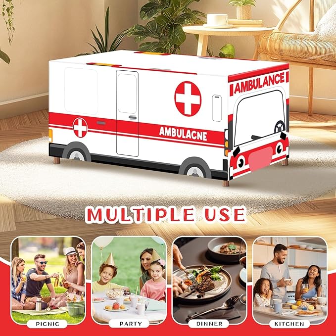 Cumule Large Ambulance Tablecloths Ambulance Birthday Party Decorations Washable Polyester Rectangle Table Cover Decor for Dinner Picnic Table Cloth School Home Decoration 70.8x30.7x30.7Inch