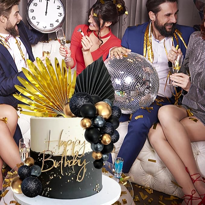 38 PCS Balls Cake Toppers Palm Leaves Cake Decorations for Birthday Wedding Baby Shower Party Supplies (Black)