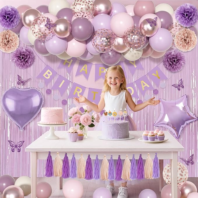 Dusty Purple Birthday Party Decorations, Lavender Pink Sand Confetti Rose Gold Balloons Happy Birthday Banner Fringe Curtains Butterfly Hanging Swirls Circle Dots Tassels Pompoms for Women Girls Party