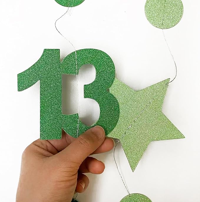 Green 13th Birthday Decorations Number 13 Circle Dot Star Garland Glitter Streamer Banner Backdrop for Girls Boys Official Teenager Cheers to 13 Years Old Birthday 13th Anniversary Party Supplies