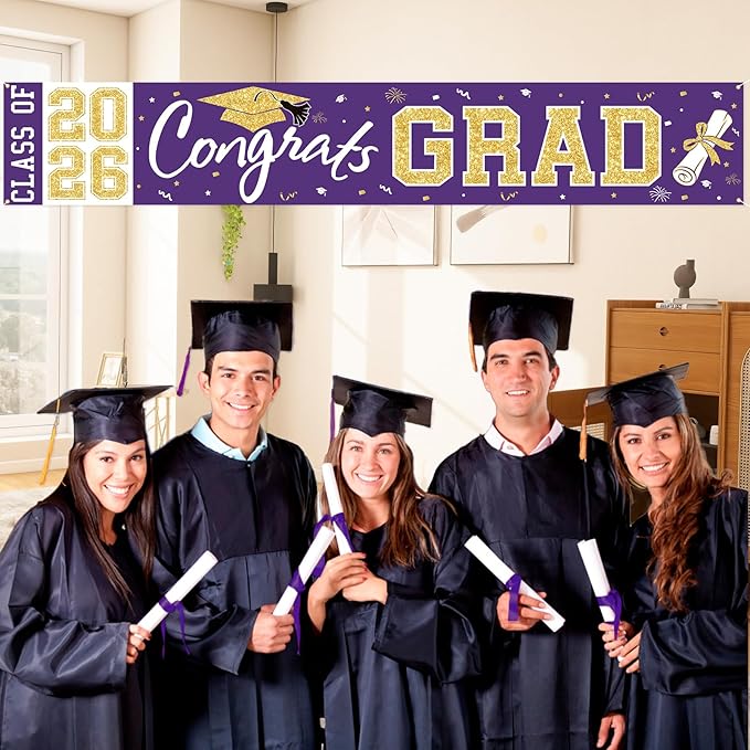 Graduation Banner Class of 2026 - Large Congrats Grad Yard Sign 2026 Purple Gold Congrats Grad Banner Fence Yard Sign for Graduation Decorations Party Supplies