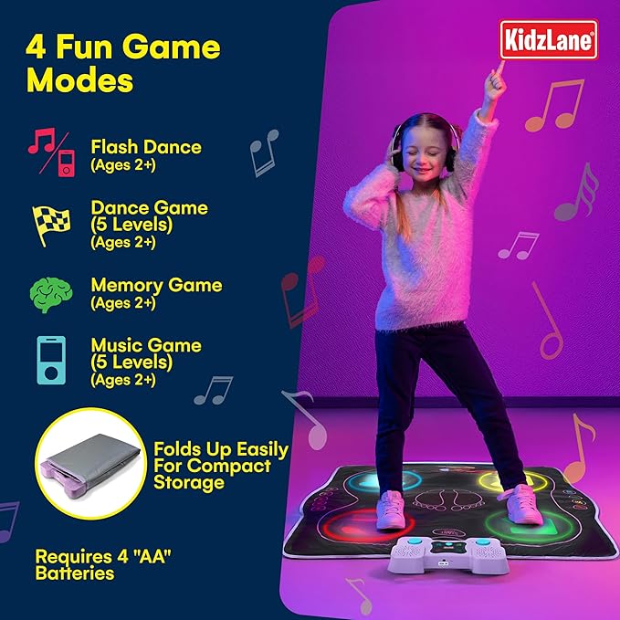 Kidzlane Electronic Dance Mat for Kids 8-12, Wireless Kids' Dance Pad with Bluetooth/AUX, Built-in Music, 5 Challenge Levels, 4 Modes - Interactive Toys for Children, Ages 6 and Up