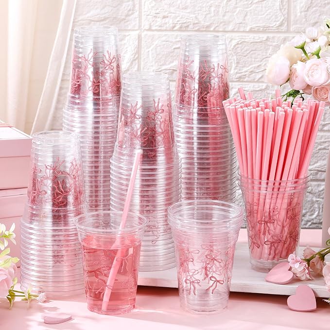 Qinyoung 100 Pcs 12 oz Pink Bow Plastic Cups with Paper Straws for Party Supplies Disposable Coffee Cups Pink Bowknot Drinking for Valentine Mother Baby Shower Birthday Wedding Bridal Party Decor