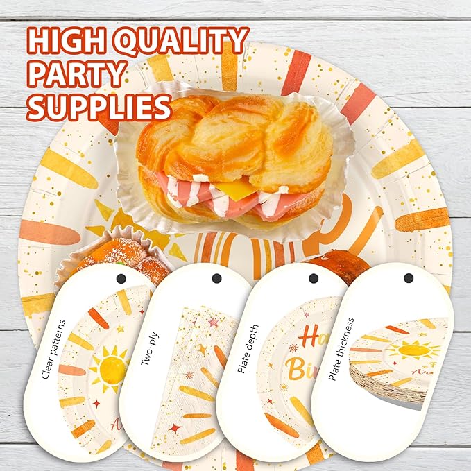 96Pcs First Trip Around the Sun Party Decorations for Girl Boho Sun 1st Birthday Plates and Napkins Sets The Sunshine Number 1 Birthday Decorations for Boho Boys One Year Old Party Supplies Serves 24