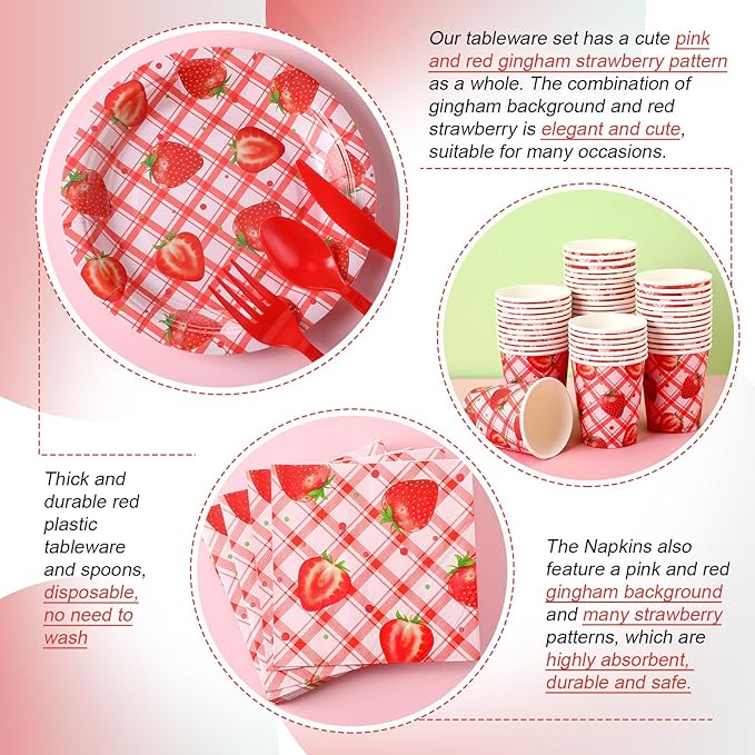 350 Pcs Strawberry Party Supplies Tableware Set Disposable 9'' 7'' Paper Plates 9 oz Cups Cutlery Napkins Dinnerware Set for 1st Birthday, Serve 50 (Gingham Strawberry, Red, Pink)