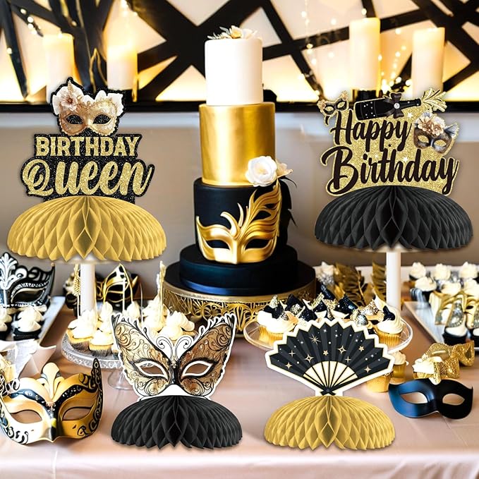 JOYMEMO 8 Pieces Masquerade Birthday Honeycomb Centerpieces Black Gold - Masquerade Ball Themed Party Decorations for Women, Carnival Dance Table Toppers Photography Background Supplies
