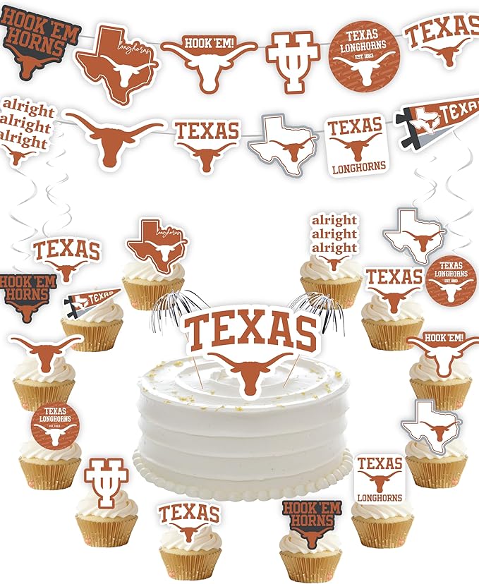 University of Texas Party Supplies for Football, Birthday Gift, Graduation Party Banner and Cake Toppers (42 Pieces) (Texas Longhorns)