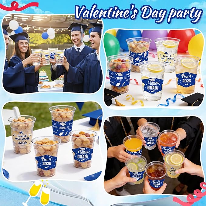 GuassLee Blue Silver Graduation Decorations 2026 Party Cups - 50pcs 12 Oz Blue and Silver Disposable Graduation Plastic Clear Cups for Drinks Class of 2026 Grad Party Supplies