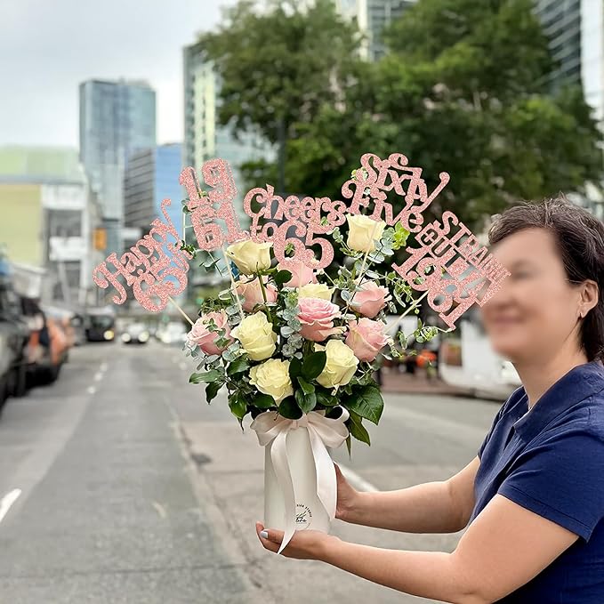 Gyufise 15Pcs Happy 65th Birthday Centerpiece Sticks Sixty Five Straight Outta 1961 Table Flower Centerpieces Sticks Cheers to 65 Decorations for 65th Birthday Party Supplies Rose Gold