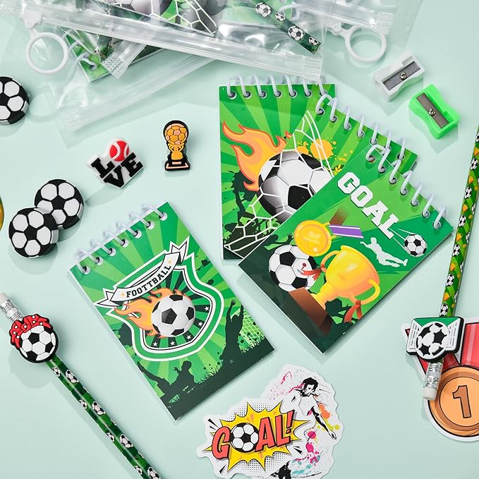 Soccer Party Favors Birthday Supplies School Stationery Bulk - Mini Notebook Pencil Eraser Bookmark Sharpener Bag Sticker, Goodie Stuffer Pinata Filler Boy Kids Soccer Themed Party Supplies