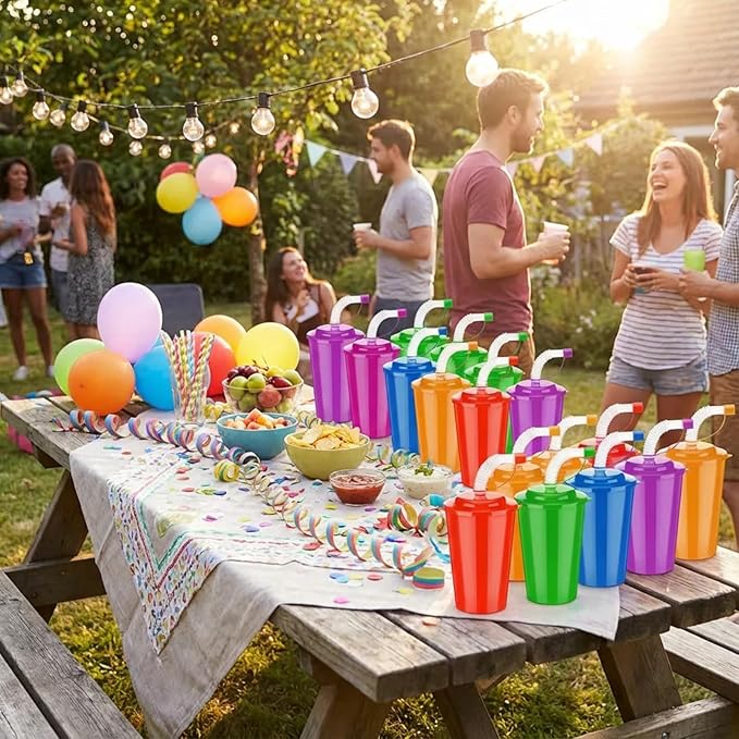 Zubebe 18 Pcs Neon Straws Cups 12 oz Colorful Neon Cups with Sipper and Lids Plastic Favor Reusable Straw for Birthday Party Events Supplies, 6 Colors
