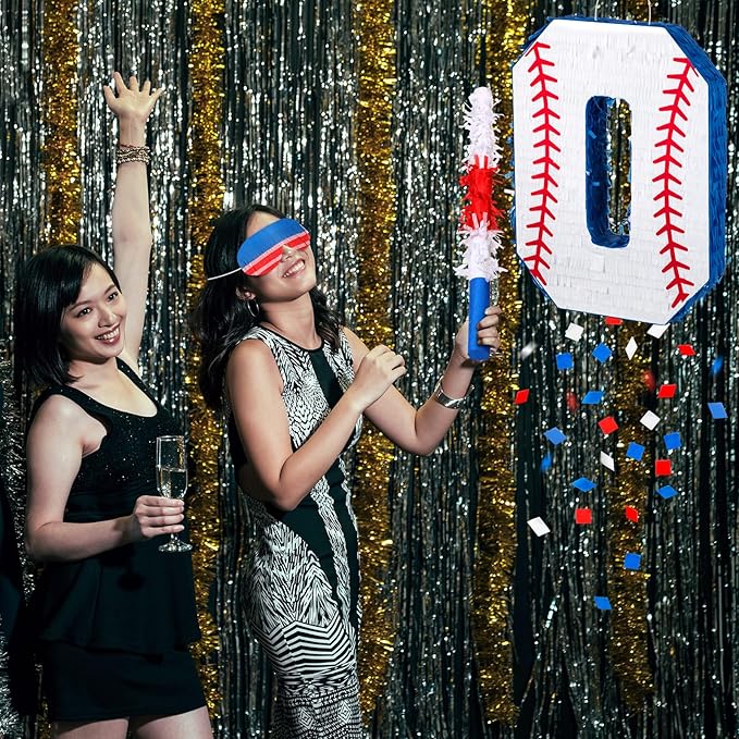 HyDren Baseball Piñata Baseball Party Decorations Number Piñata with Bat, Blindfold and Confetti, 16 Inch Sports Themed Birthday Party Supplies for Celebration Events(Number 0)