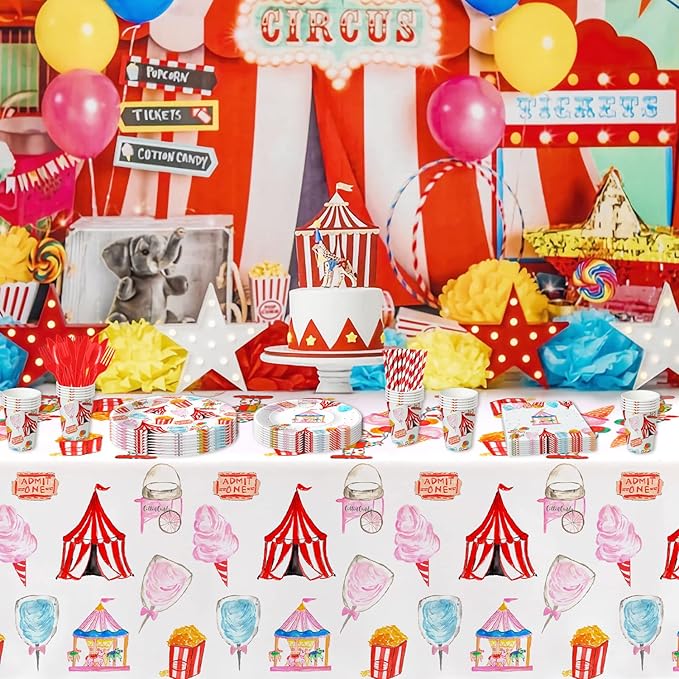 Circus Carnival Theme Party Tablecloth Decorations - Disposable Circus Party Decorations Tablecover, Carnival Table Cloth Circus Theme Table Decorations - 4 Pack (54in x 108in)