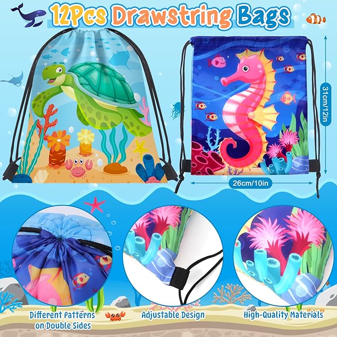 Winrayk 12 Sets Under the Sea Party Favors Birthday Supplies for Kids, Sea Animal Drawstring Bags Silicone Wristbands Luminous Stickers Keychain, Goodie Bag Stuffers Ocean Themed Party Favors Supplies