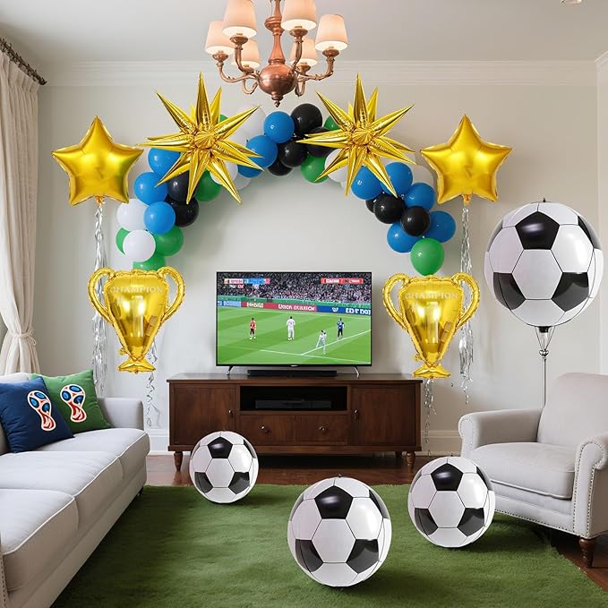 10 Pcs 4D Sphere Soccer Balloons Set with Golden Championship Trophy & Star Burst Balloon - Soccer Party Decorations for World Cup Parties, Sports Theme Birthday, Football Fans Party Decoration Supply
