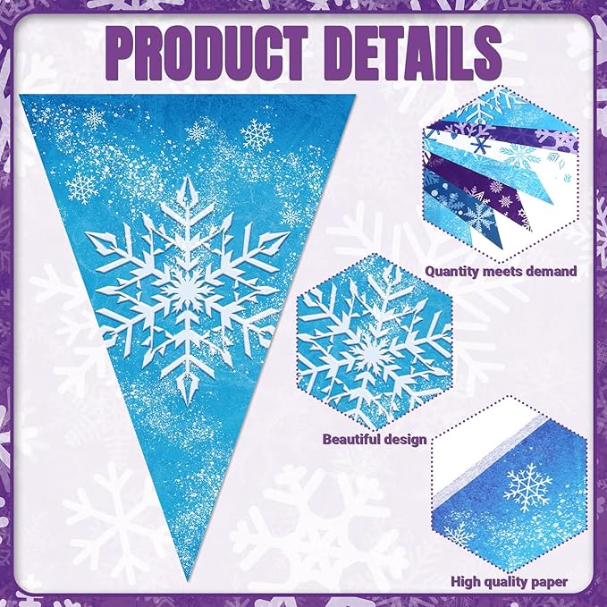 HESTYA 49 ft Winter Party Decoration Snowflake Triangle Banners Snow Pennant Paper Flags for Winter Birthday Party Decoration Supplies