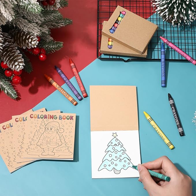 30 Sets 24 Pages Christmas Mini Coloring Books with 8 Colors Crayons Bulk, Christmas Goodie Bag Stocking Stuffers for Party Favors Activities DIY Craft Gift