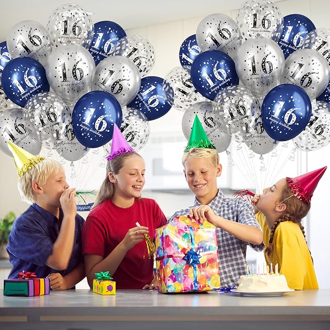 16th Birthday Decorations Boys, Pack of 15 Happy 16th Birthday Balloons Latex Helium Navy Blue Silver Confetti Balloons for Age Sixteen 16 Years Old Birthday Party Decorations Celebration Supplies