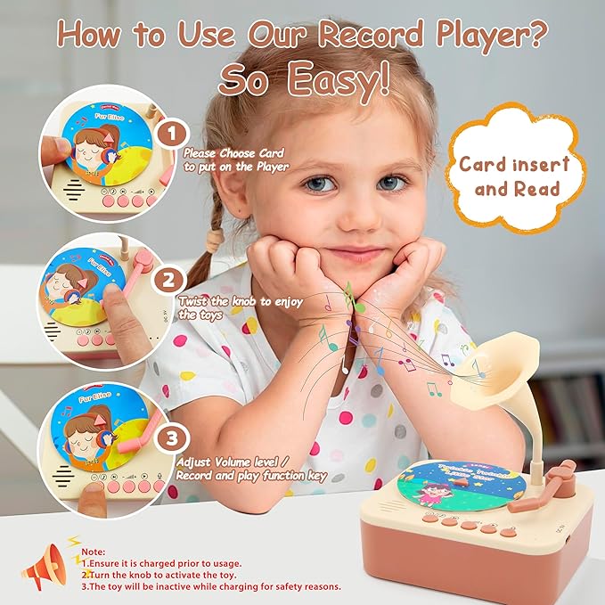 Kids Gramophone with 96 Learning Cards, Kids Storytelling Toys and Toddler Music Player, Kids Record Player Ages 3+