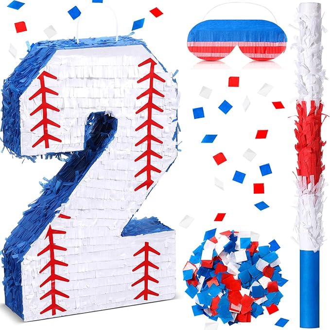 HyDren Baseball Piñata Baseball Party Decorations Number Piñata with Bat, Blindfold and Confetti, 16 Inch Sports Themed Birthday Party Supplies for Celebration Events(Number 2)
