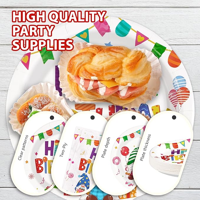 96Pcs Gnome Birthday Party Supplies Colorful Rainbow Gnomes Plates and Napkins Gnome Themed Tableware Set for Boys Girls Birthday Spring Summer Party Supplies，Serves 24