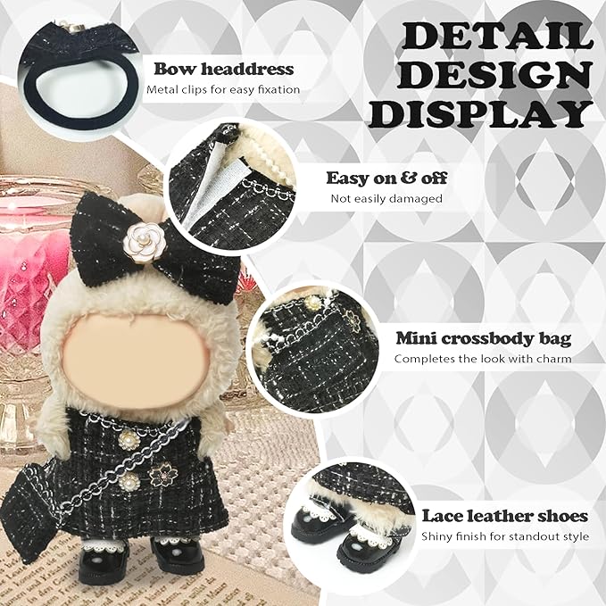 Clothes Compatible with LABUBU Doll – 4PCS Black Tweed Dress Set, 17cm Doll Clothes Designer Outfit for Classic Dinner Party Theme, Stylish Accessories for Labubu, No Doll (Midnight Tweed Charm)