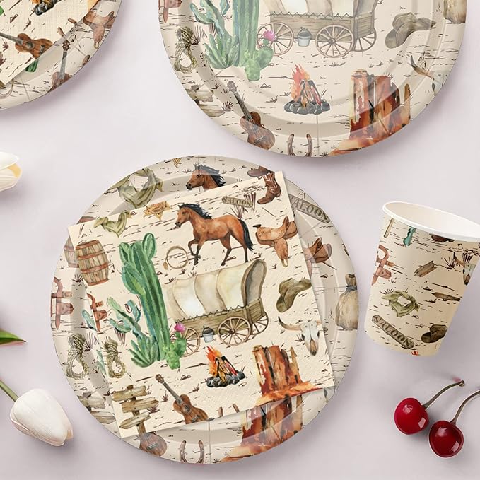 Western Cowboy Party Decorations Tableware For Birthday & Baby Shower - Wild West Party Supplies, Plate, Cup, Napkin, Tablecloth, Cutlery, Straw, Rodeo Party Decorations Dinnerware | Serve 24
