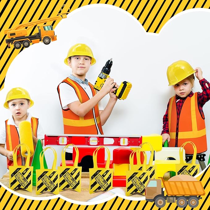 Hillban 72 Pcs Kids Construction Worker Costume, Construction Vests Set for Kids Including 24 Vests 24 Hats and 24 Tote Bags Theme Birthday Party Supplies for Birthday Party Costume Favor