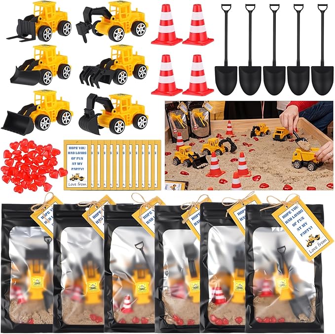 Jenaai 12 Set Construction Party Favors Truck Vehicle Set with Sand Greeting Cards Mini Cars Truck Tractor Forklift for Construction Birthday Party Supplies Gift Reward Goodie Bag Stuffer