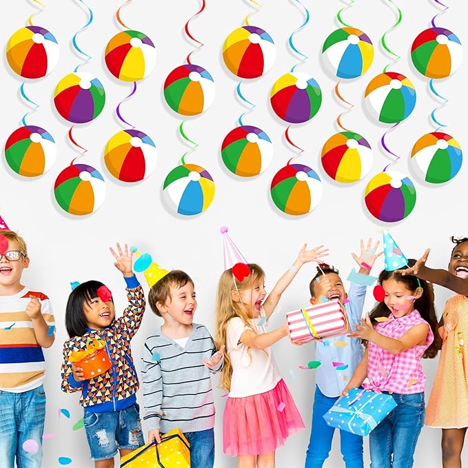 60pcs Beach Ball Party Foil Swirl Decorations Summer Pool Ball Ceiling Hanging Decor Swirls Beach Cutouts Supplies for Birthday Summer Party Favor Indoor Outdoor Decor