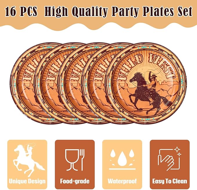 WERNNSAI Western Party Decorations - 33 PCS Western Tablecloth Plates and Napkins Cowboy Birthday Party Supplies for Boys Kids Men Rodeo Tableware Set Serves 16 Guests