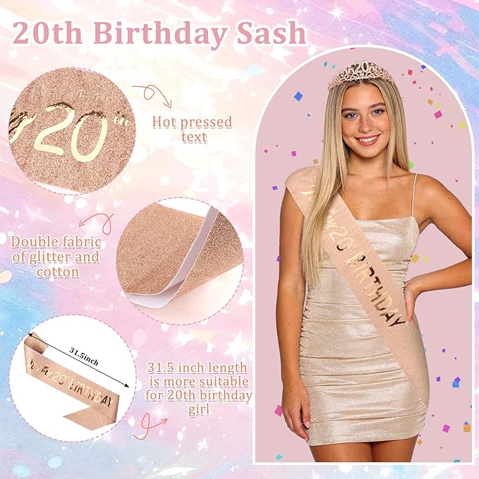 Semato 20th Birthday Decorations for Her Sash and Crown Tiara Kit Rose Gold 20th Birthday Gifts for Girls Party Supplies