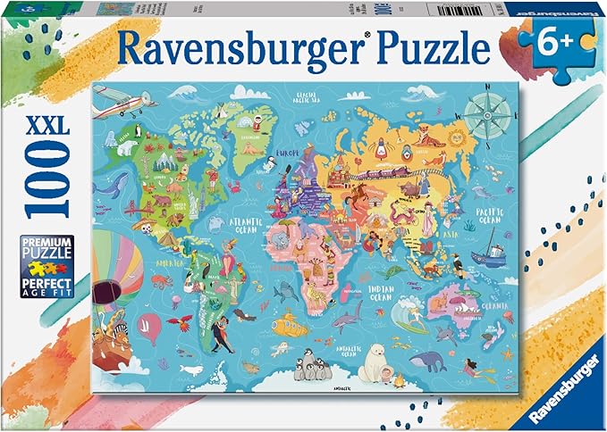 Ravensburger - World Map - 100 Piece Jigsaw Puzzle - XXL Pieces for Easy Assembly - Exciting, Bold and Colorful Imagery of Our World - Premium Quality - Ideal Gift - Screen-Free Fun - Children Age 6+
