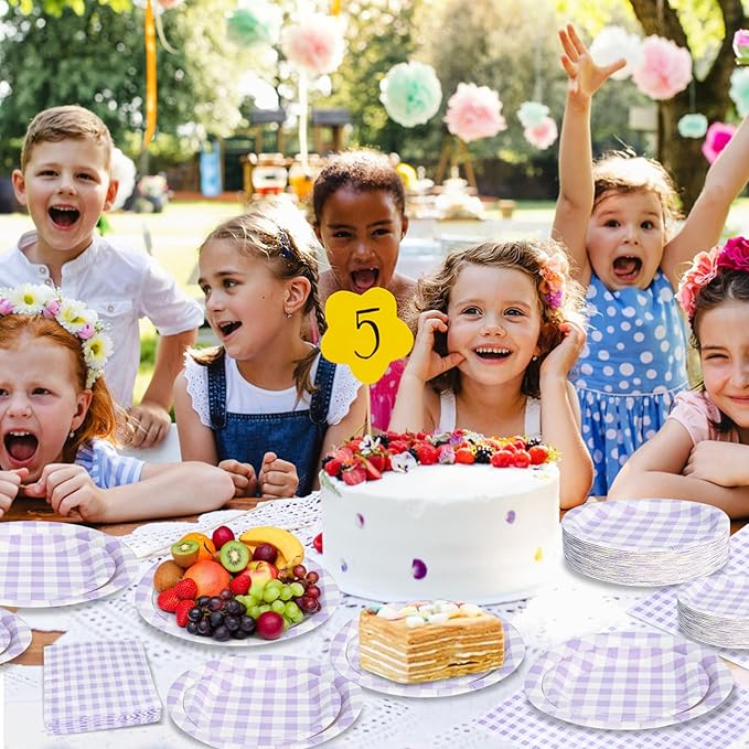180Pcs Purple Gingham Party Supplies Paper Plates and Napkins Serve 60 Disposable Tableware Set for Birthday Party Decorations Game Day Family Holiday Sports Events