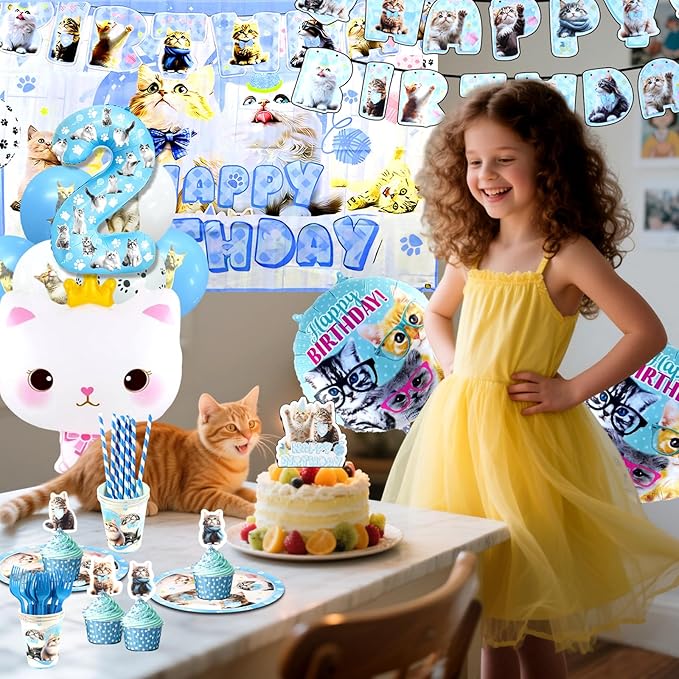 142Pcs Cat Birthday Decorations, Cat 2nd Birthday Party Supplies, Cat Birthday Party Decorations Include Plates Cups Napkins Tablecloth Balloons Cake Toppers for Kids Party