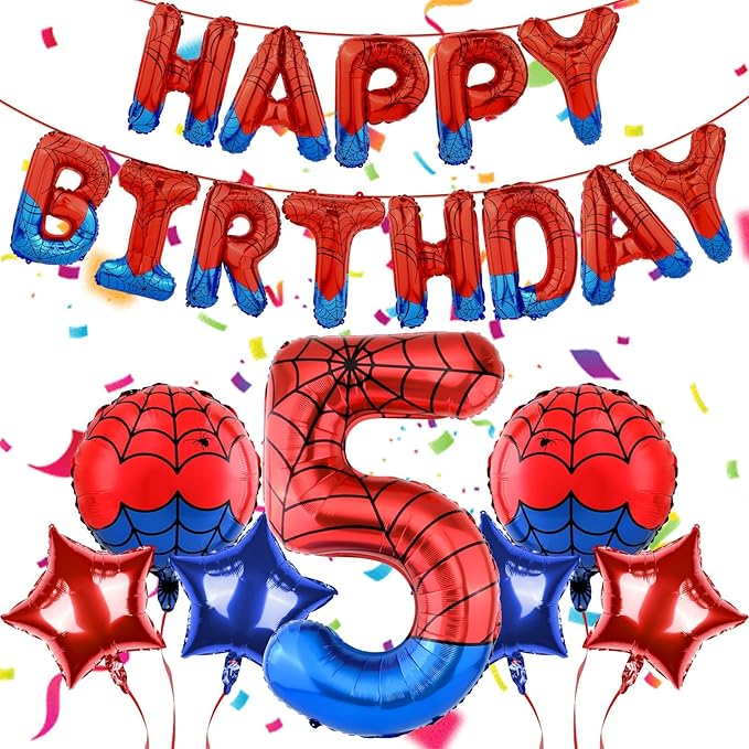 Spider Themed Happy Birthday Banner Party Decorations Set Including 40 Inch Number 5 Foil Balloons, Themed Party Essentials, Colorful Superhero Backdrop Supplies for Boys Indoor Outdoor Celebration