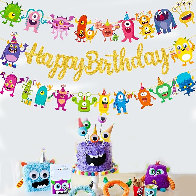 Monster Happy Birthday Banner Monster Bash Birthday Party Supplies Glitter Little Decorations for Kids Little Monster Theme Baby Shower Birthday Banner Supplies